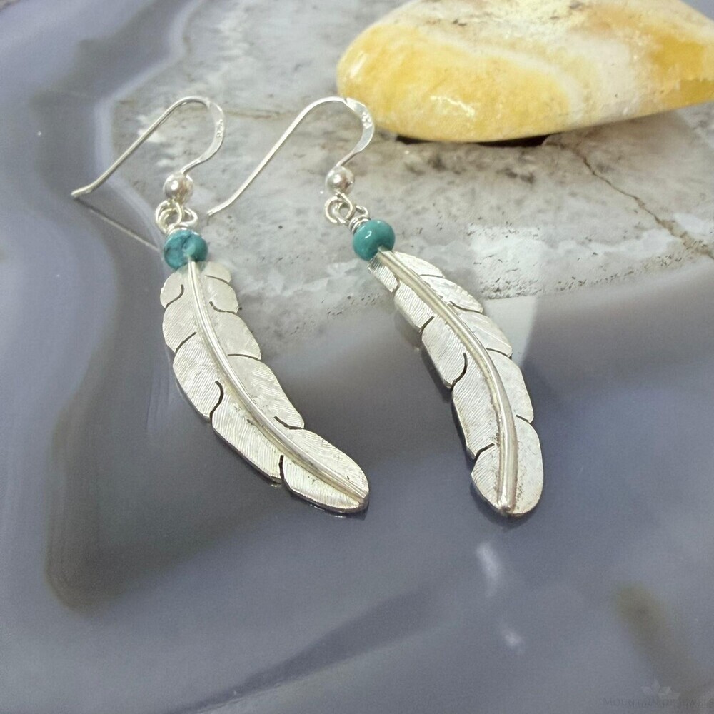 Anthony Gatewood Sterling & Turquoise Bead Feather Dangle Earrings For Women - Picture 5 of 10